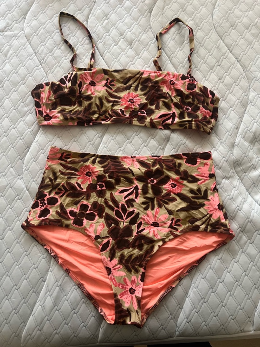 Pink and brown floral, high waisted bikini